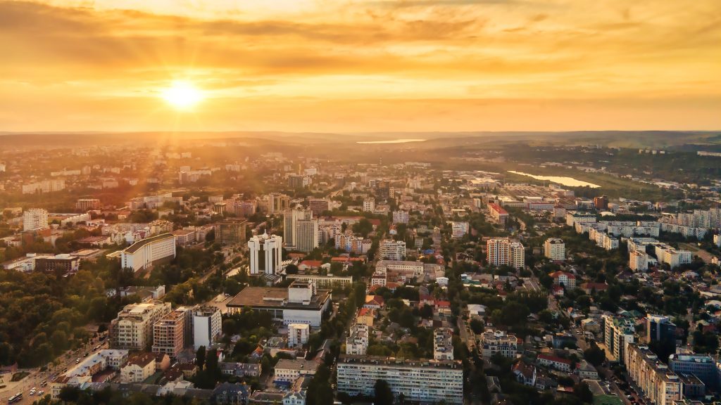 aerial drone view chisinau downtown panorama view multiple buildings roads