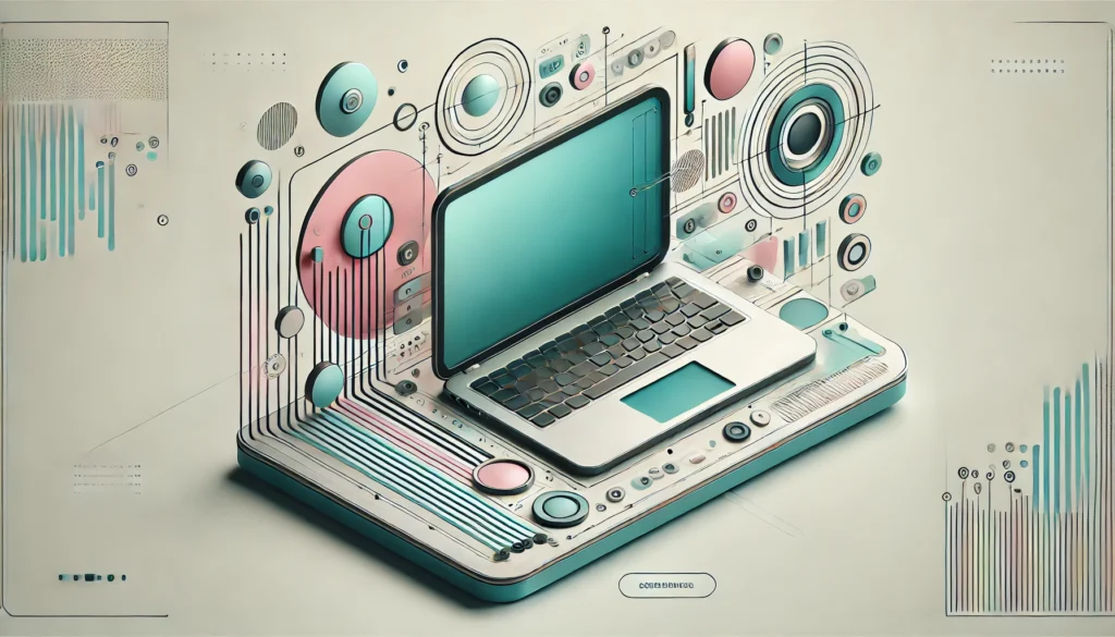 DALL·E 2024 08 12 17.35.15 Create a hyper realistic rectangular image with a minimalistic and clean design featuring a laptop as the central element. Use soft turquoise and pin