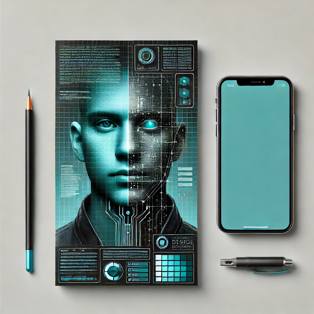 DALL·E 2024 07 24 18.53.44 Create a minimalistic blog cover in a realistic AI generated style with a turquoise main color. The cover should feature the face of a developer being