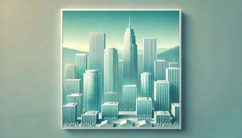 DALL·E 2024 07 24 19.03.36 Generate a realistic rectangular image featuring the tall skyscrapers of Silicon Valley with a minimalistic and clean design in soft turquoise tones.