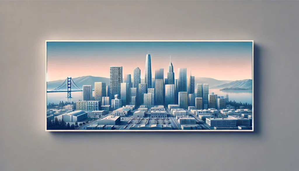 DALL·E 2024 08 14 12.25.43 Create a hyper realistic rectangular image with a minimalistic and clean design featuring the skyline of Silicon Valley in America. The design should