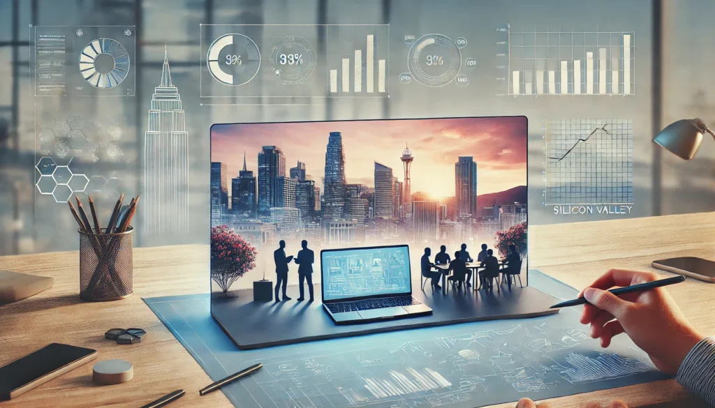 DALL·E 2024 08 14 12.28.42 Create a hyper realistic rectangular image with a minimalistic and clean design featuring the skyline of Silicon Valley with developers a laptop an