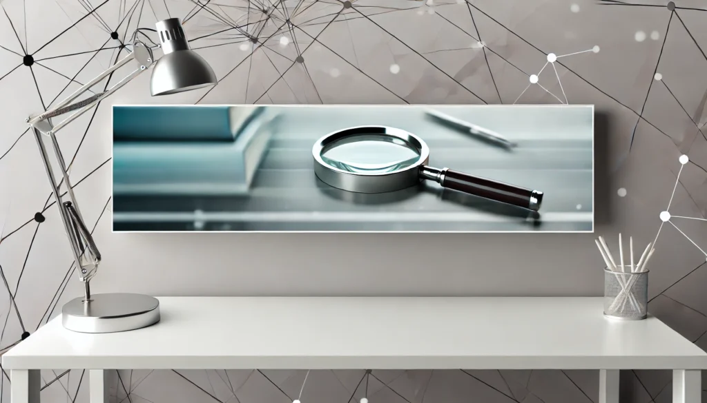 DALL·E 2024 09 17 08.40.48 A highly realistic and minimalist rectangular image featuring a modern workspace with a magnifying glass placed on a desk symbolizing a focus on deta