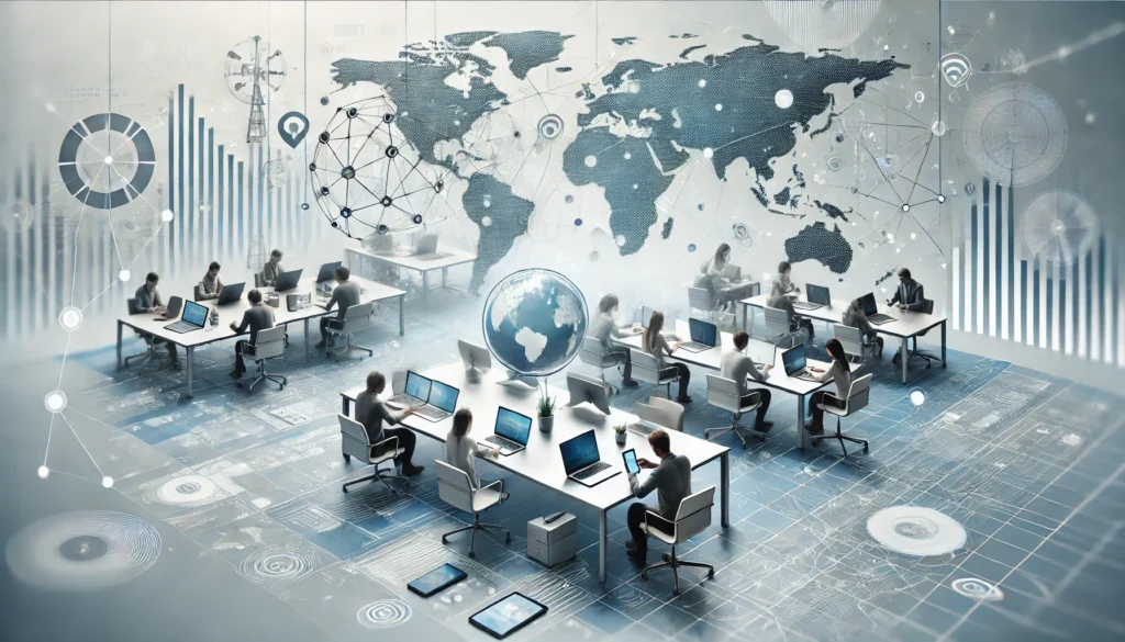 DALL·E 2024 09 17 08.42.49 A highly realistic and minimalist rectangular image representing the concept of international tech teams. The image should feature a modern workspace