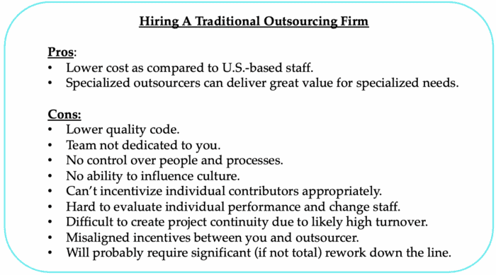 graphic: pros and cons of hiring a traditional outsourcing firm